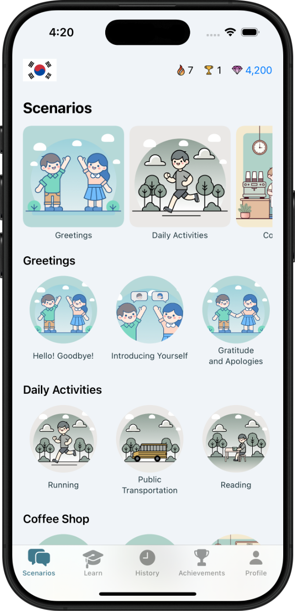 PracLingo app conversation interface showing AI language practice