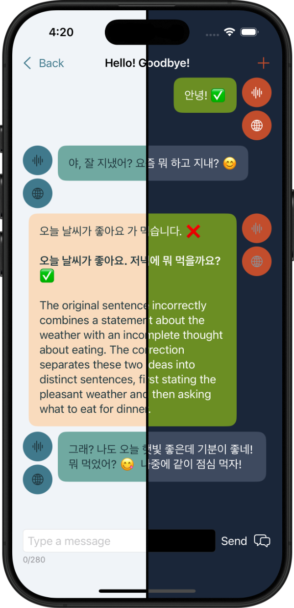 PracLingo app showing an interactive language learning conversation