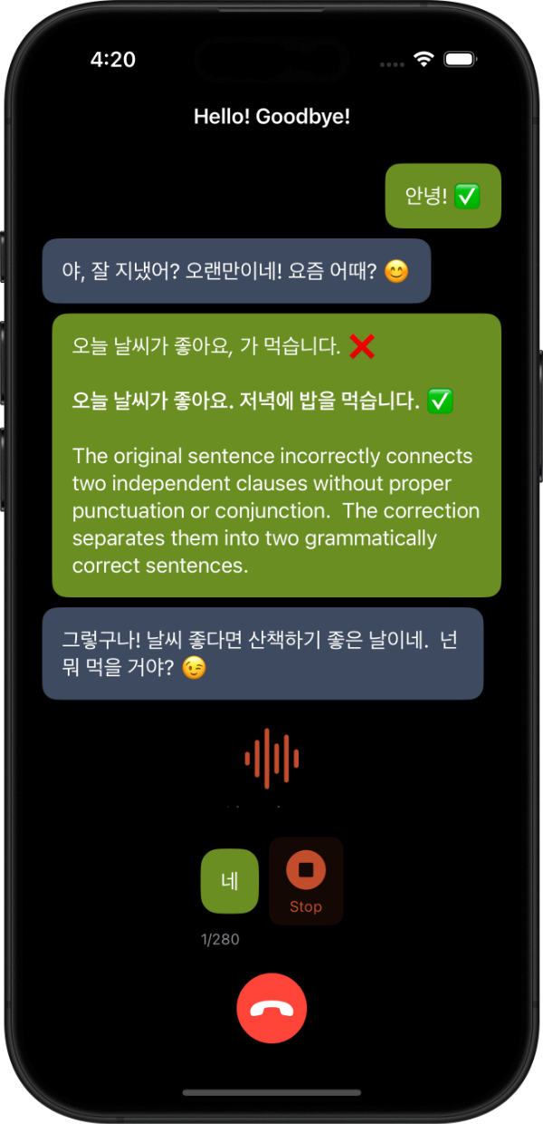 PracLingo app demonstrating real-time language practice with AI